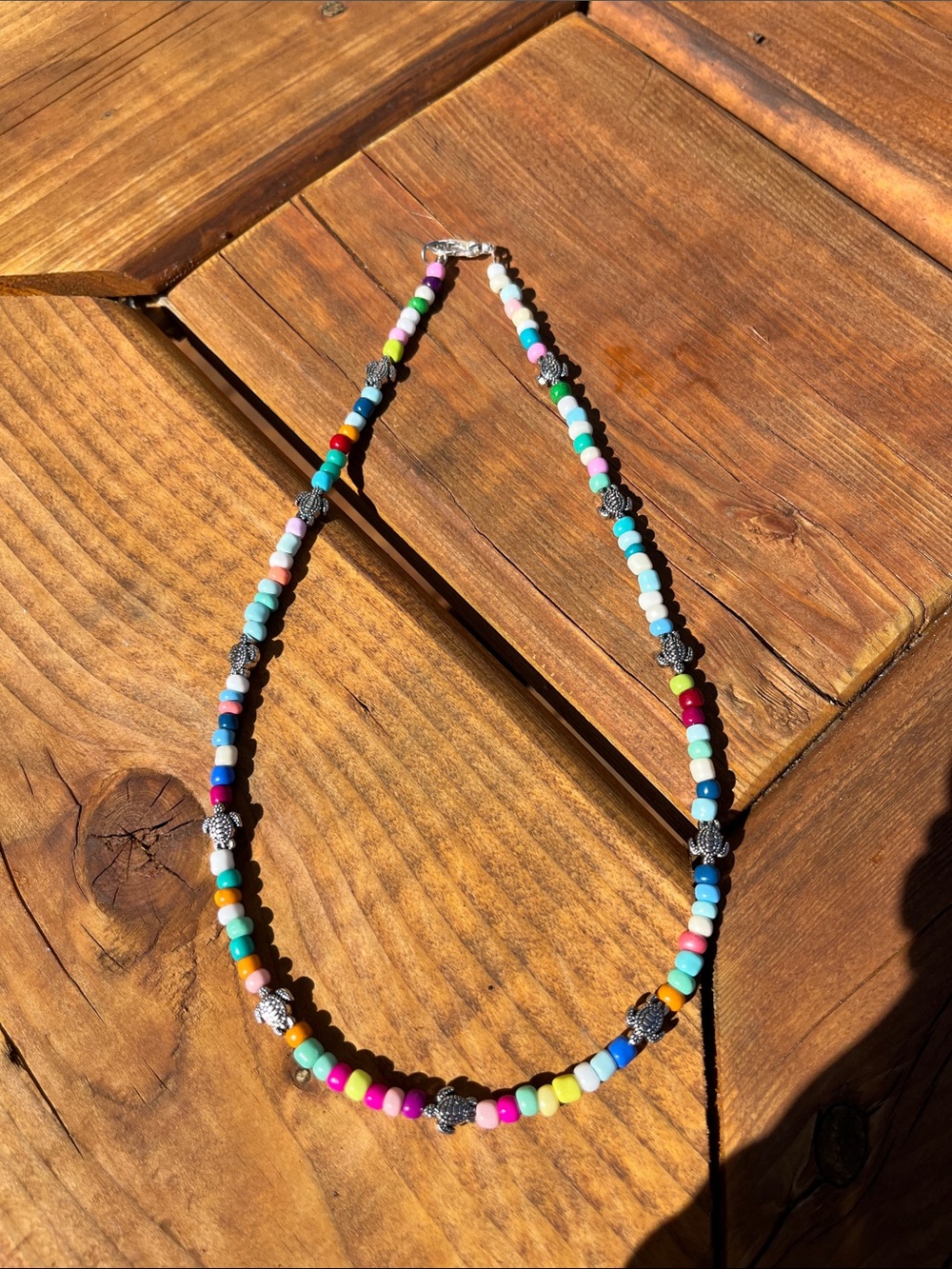 Colourful silver sea turtle handmade beaded necklace